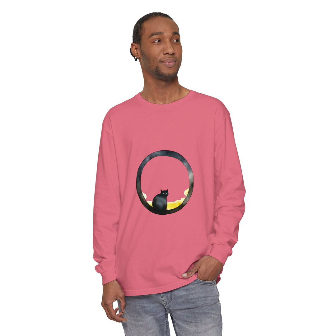 Black Cat Moon Glow Long Sleeve T-Shirt: A black t-shirt featuring a whimsical moonlit scene with a glowing cat design on the front