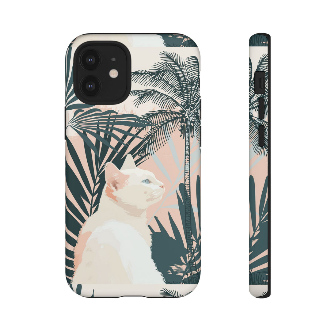 Tropische Katzen-Telefonhülle mit üppigen Palmenmotiven und sanften Pastelltönen