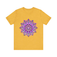 Vibrant purple and gold mandala tee with spiritual art design