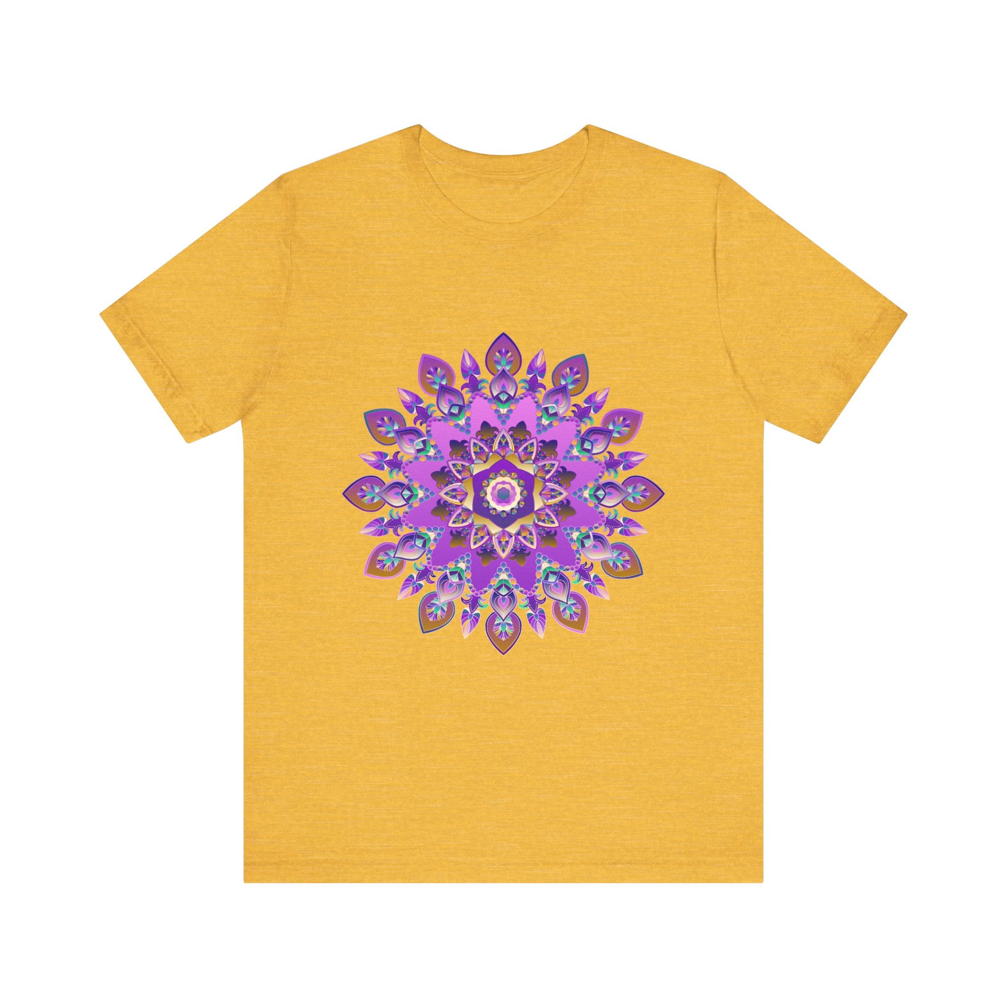 Vibrant purple and gold mandala tee with spiritual art design