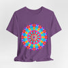 Vibrant and intricate mandala design on a t-shirt with psychedelic art