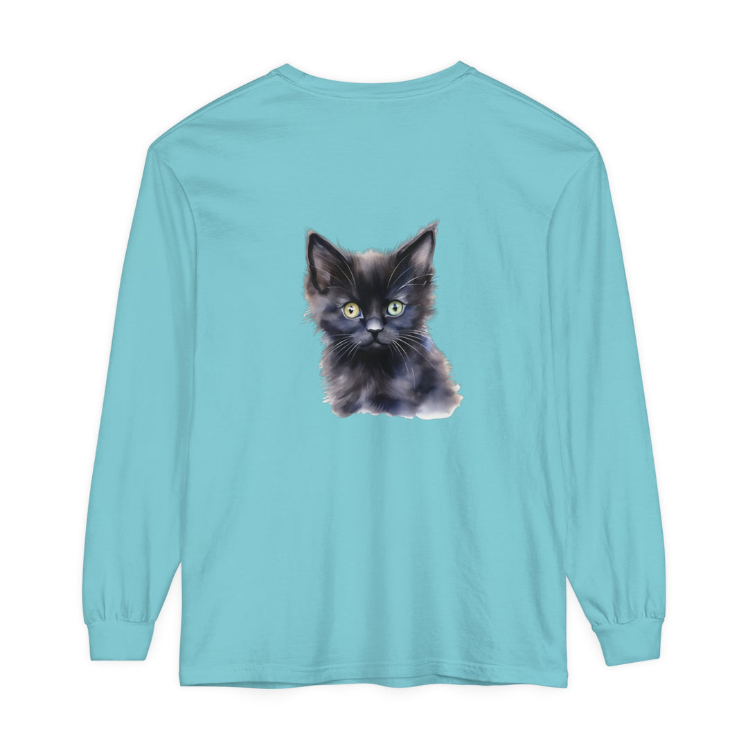 Black unisex long sleeve T-shirt with a mystical kitten design