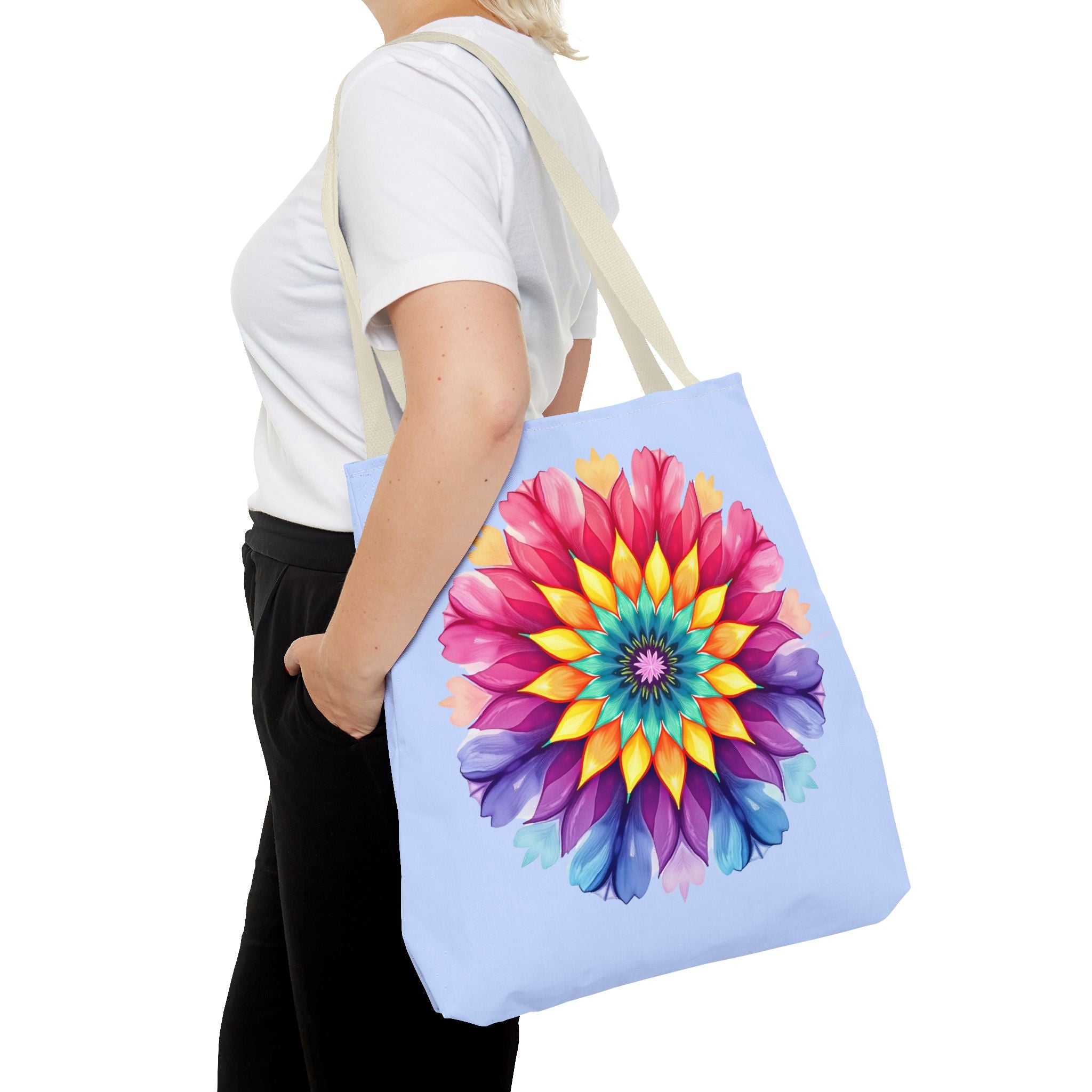 Colorful Rainbow Mandala Tote Bag with intricate pattern design and sturdy handles