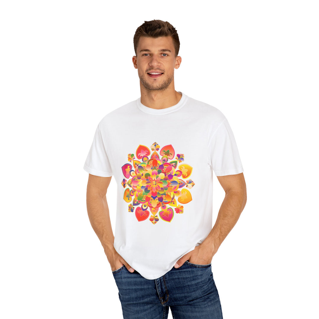 Vibrant Mandala T-Shirt featuring a beautifully intricate hand-drawn design on a white background