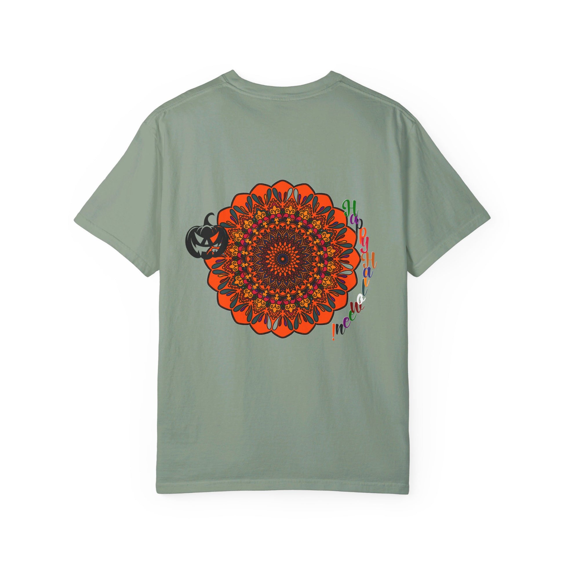 Unisex Halloween Mandala T-shirt featuring handmade pumpkin mandala art on garment-dyed tee