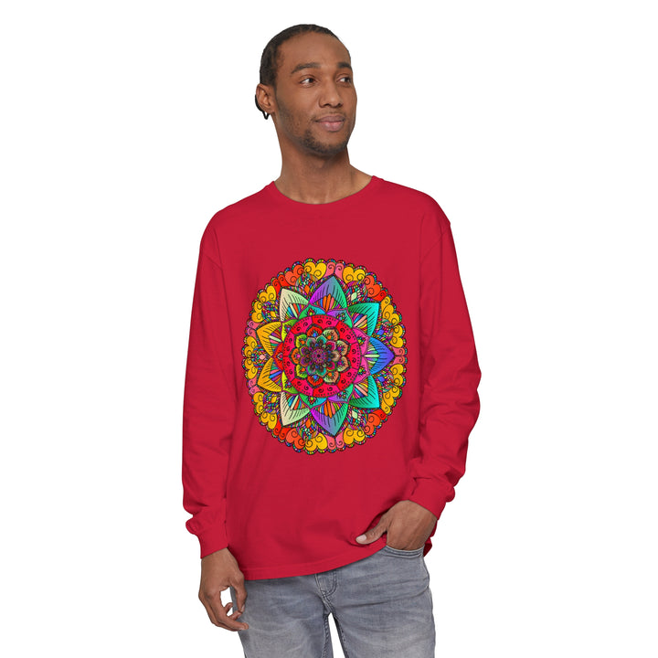 Vibrant Mandala Unisex Long Sleeve T-Shirt with intricate and colorful mandala design on a comfortable, stylish long sleeve shirt for both men and women