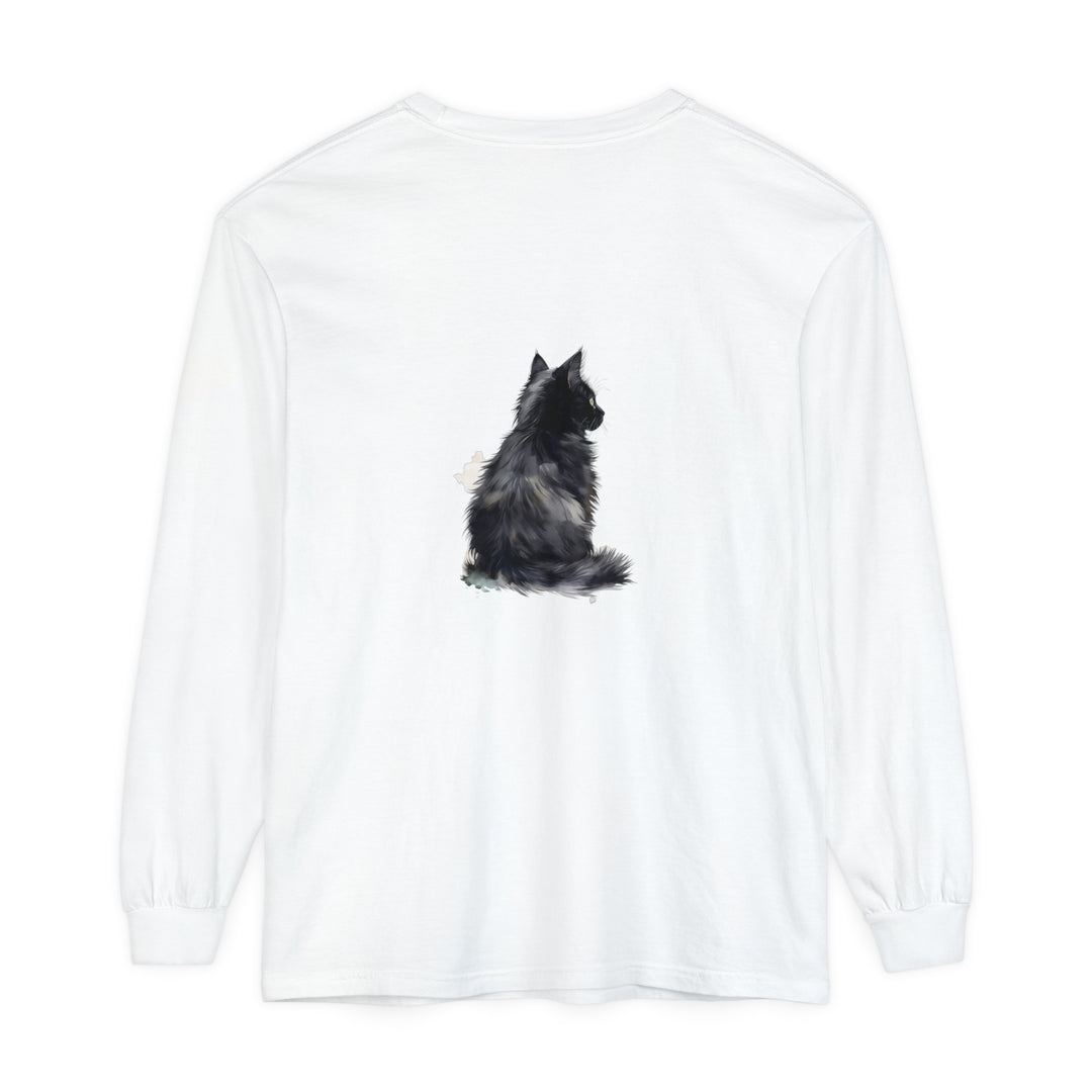 Black and white cat watercolor long sleeve t-shirt with realistic artwork