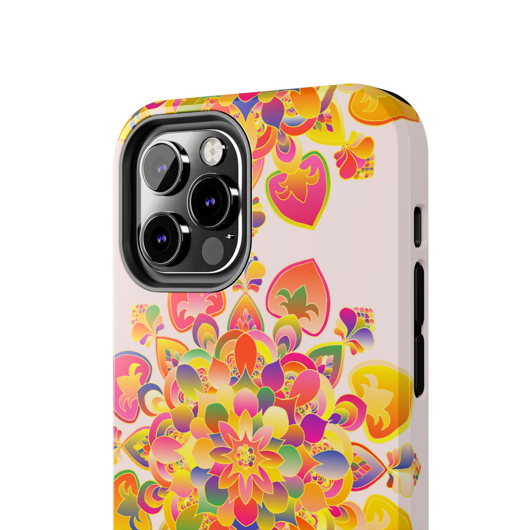 Colorful hand-drawn mandala art phone case with intricate floral and geometric patterns