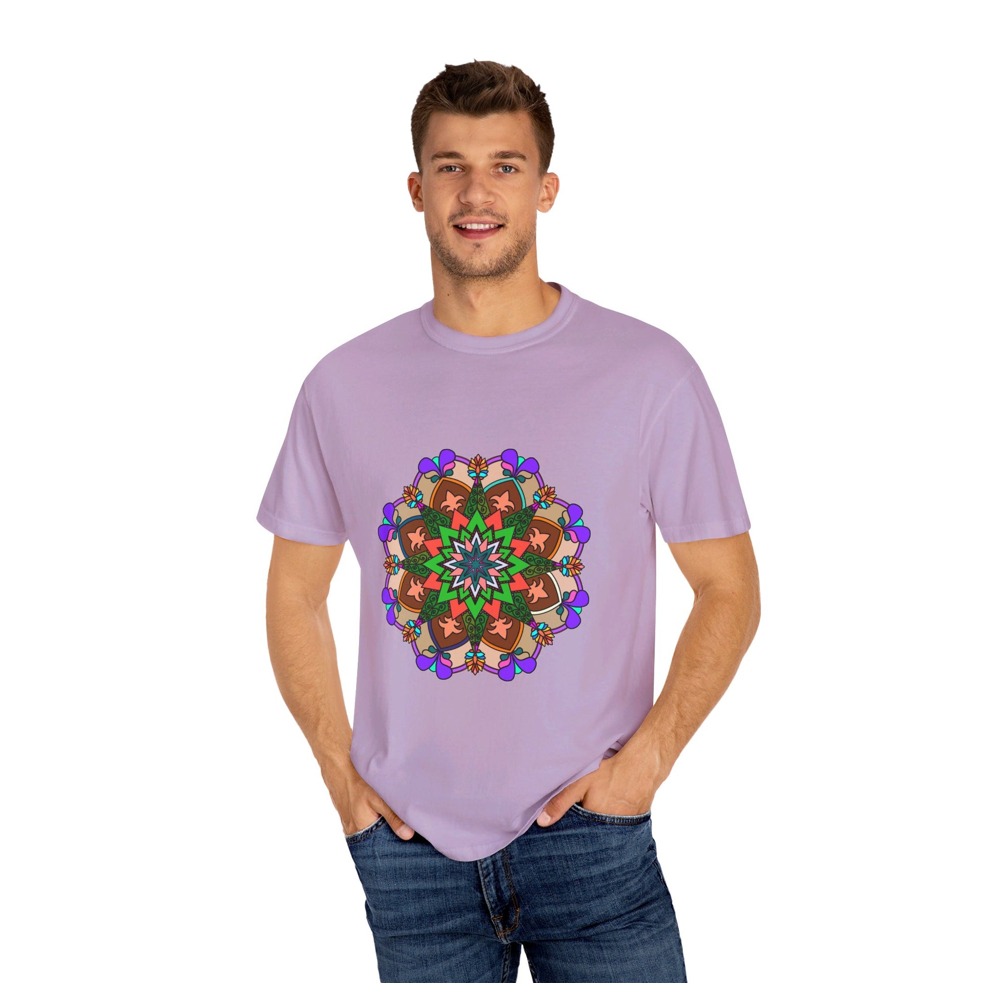 Unisex Mandala T-Shirt featuring intricate hand-drawn mandala art on 100% ring-spun cotton, garment-dyed for extra comfort