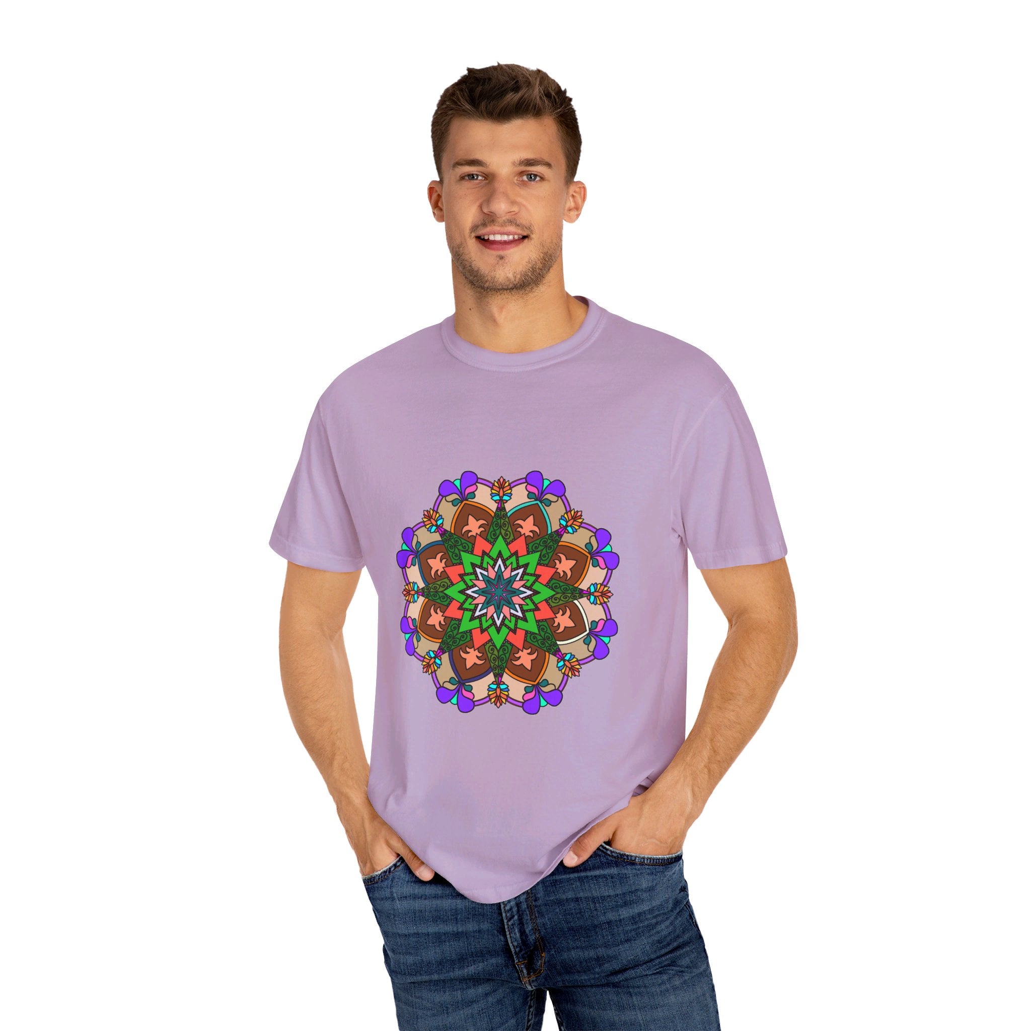 Unisex Mandala T-Shirt featuring intricate hand-drawn mandala art on 100% ring-spun cotton, garment-dyed for extra comfort