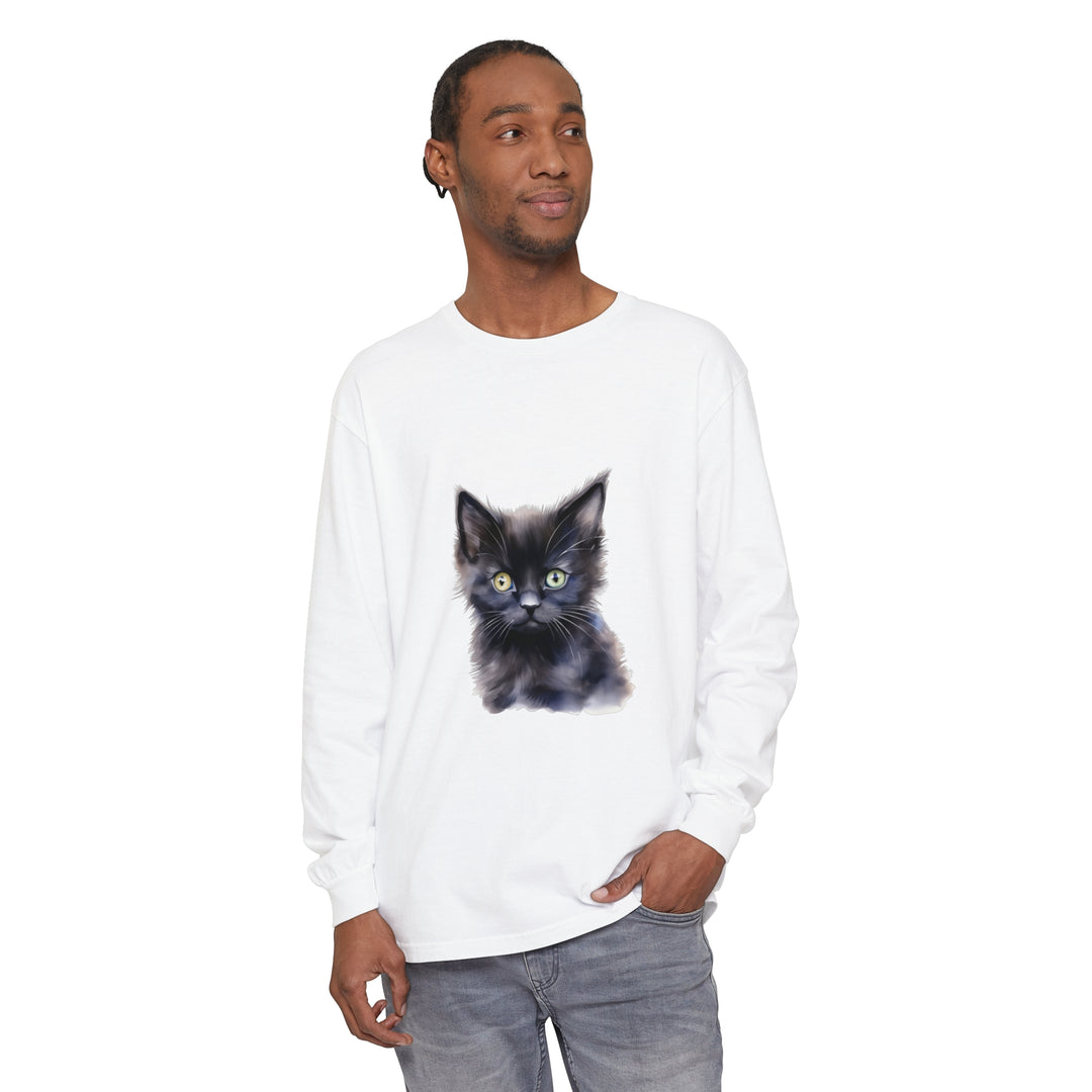 Close up image of Mystical Kitten unisex long sleeve t-shirt in black, featuring a vibrant and intricate mystical cat design on the front, perfect for cat lovers and those who appreciate unique and stylish clothing