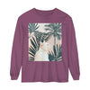 A close-up image of a white cat tropical mandala long sleeve t-shirt with vibrant and colorful design