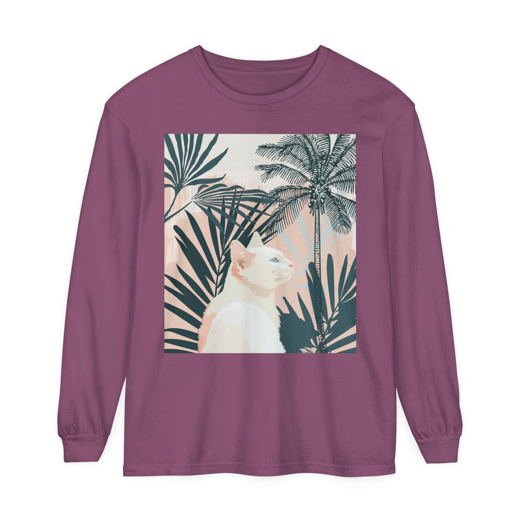 A close-up image of a white cat tropical mandala long sleeve t-shirt with vibrant and colorful design