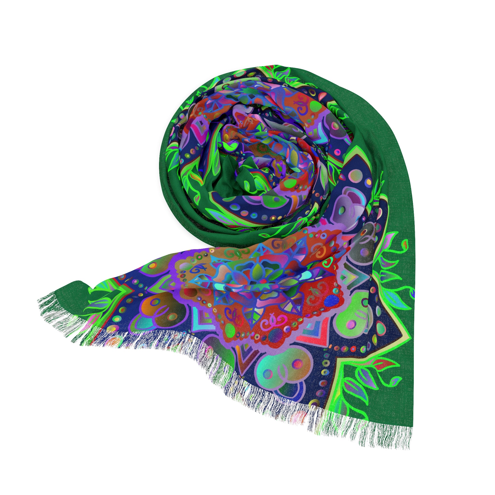 Green Mandala Flower Scarf — Vibrant Blue & Green Floral Light Scarf