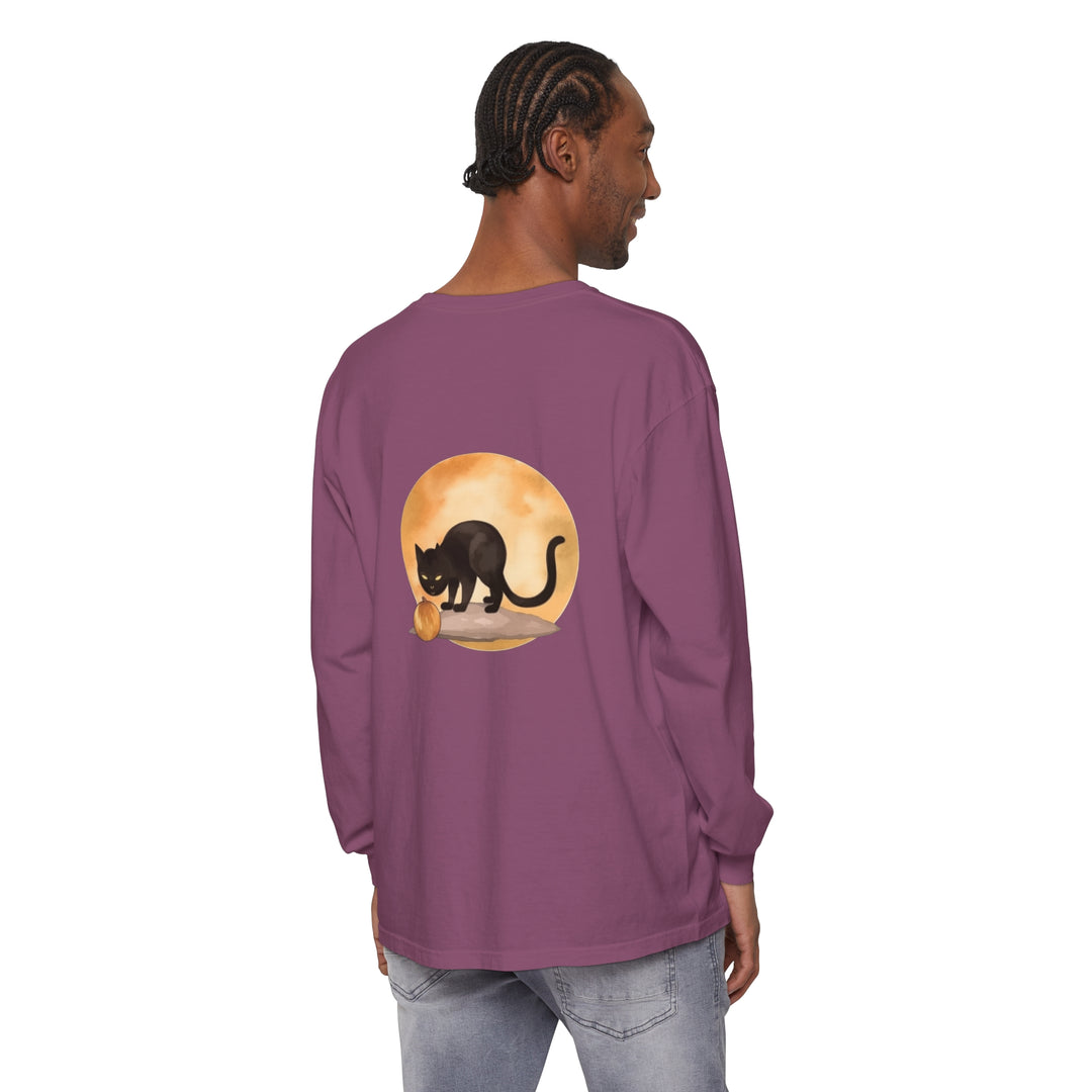 Black t-shirt with a spooky black cat and crescent moon design, perfect for Halloween