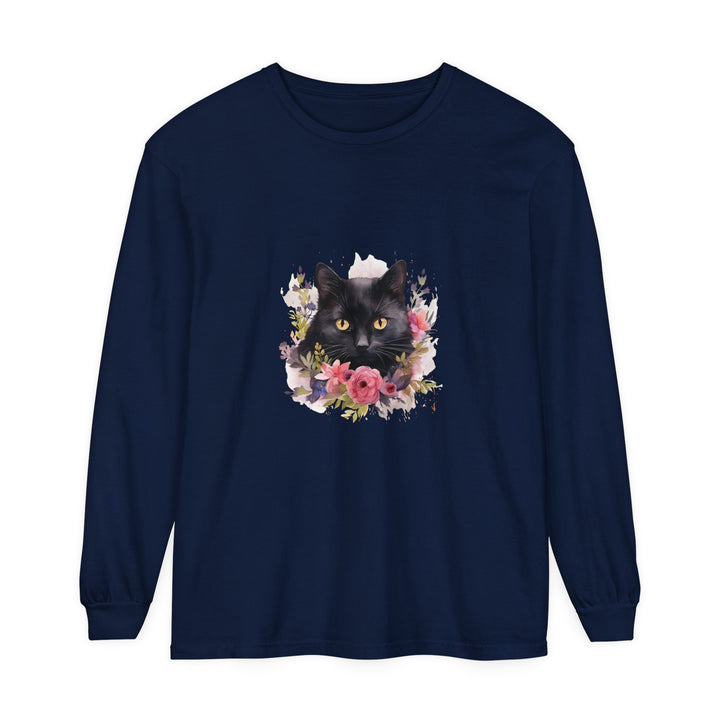 Black Cat Floral Watercolor Long Sleeve T-Shirt with vibrant watercolor design and cute cat graphic