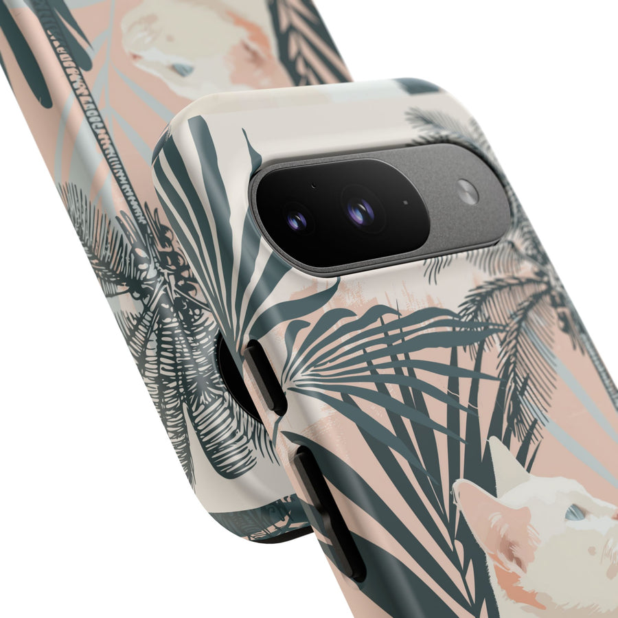 Tropical Cat Phone Case with Lush Palm Motifs and Soft Pastels