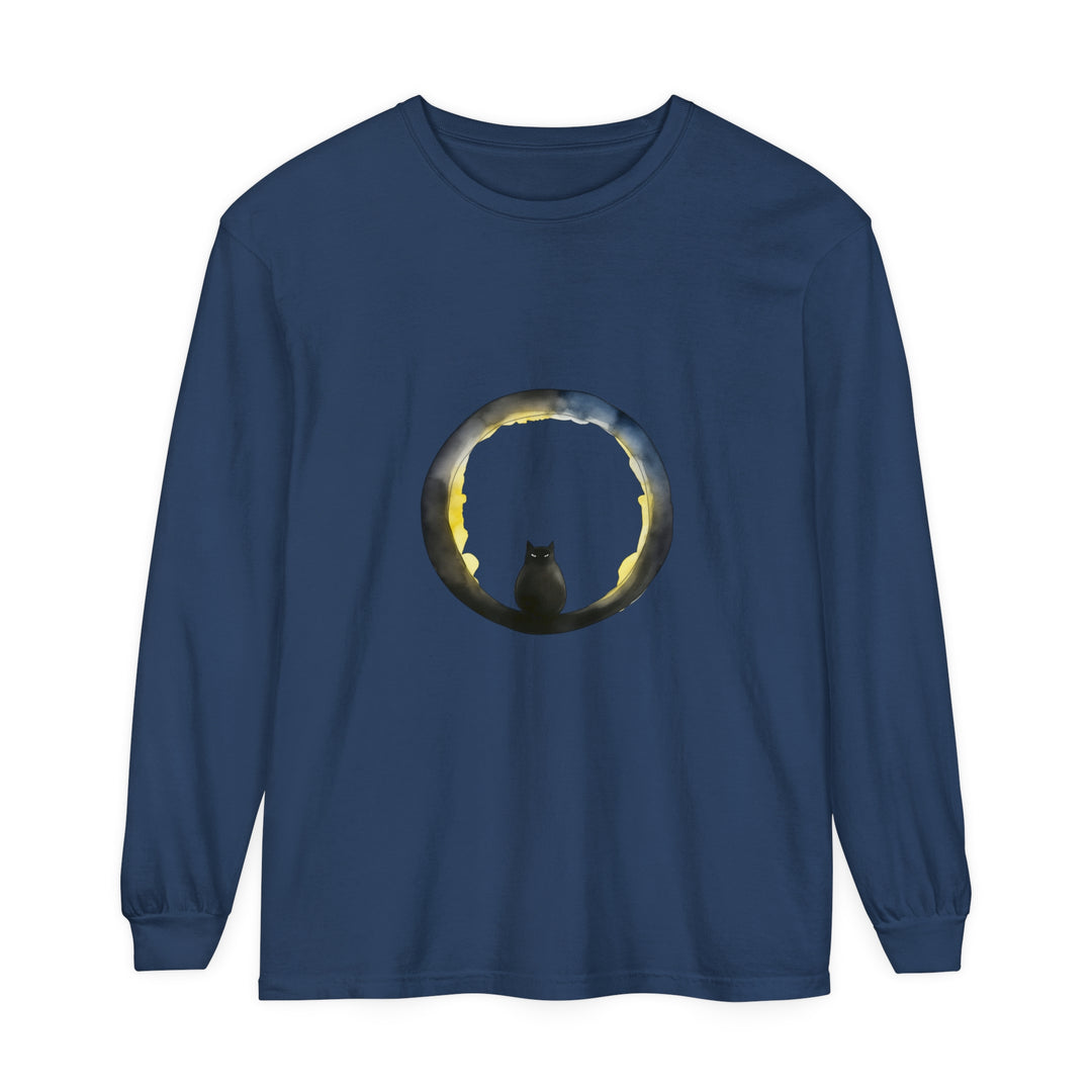 Black Cat Crescent Moon Halloween T-Shirt with spooky design for October festivities