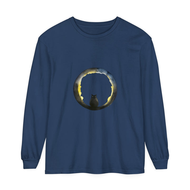 Black Cat Crescent Moon Halloween T-Shirt with spooky design for October festivities