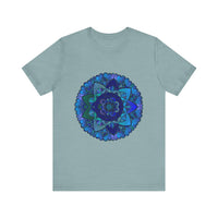 Dark blue and green mandala t-shirt with intricate spiritual art design