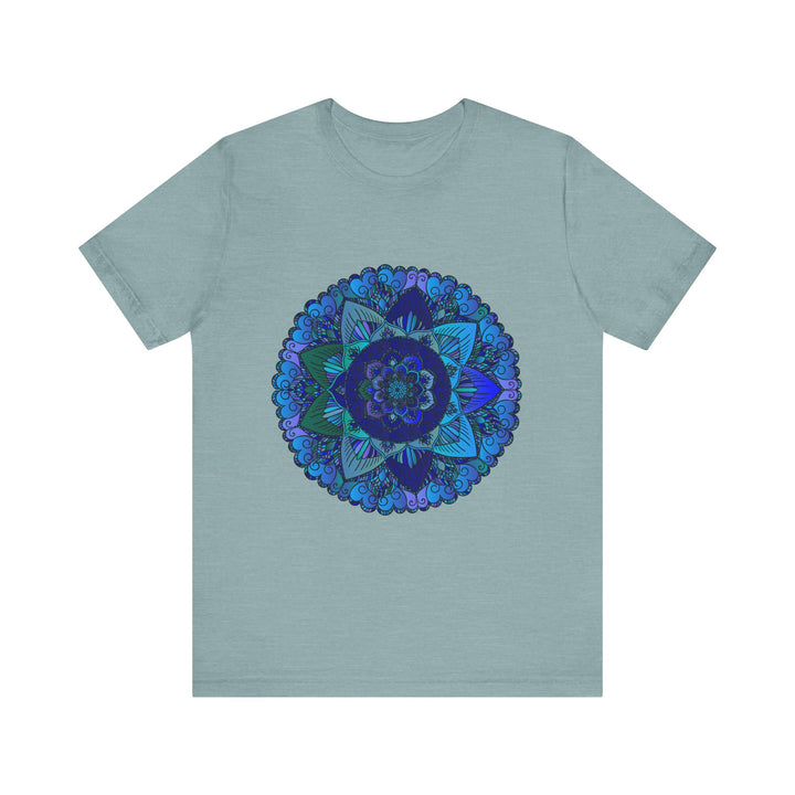 Dark blue and green mandala t-shirt with intricate spiritual art design