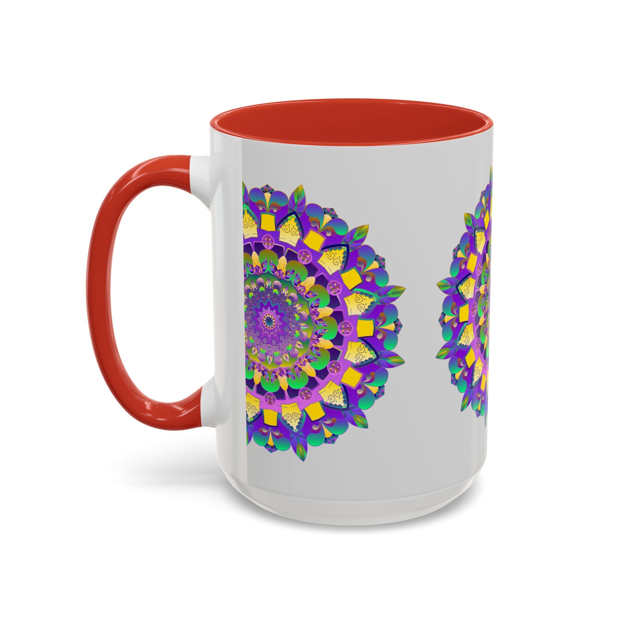 Handcrafted ceramic mug with intricate purple and yellow mandala design