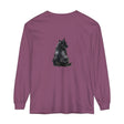 A black long sleeve t-shirt featuring a mysterious and stylish black cat design