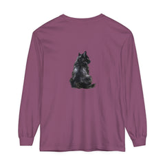 A black long sleeve t-shirt featuring a mysterious and stylish black cat design