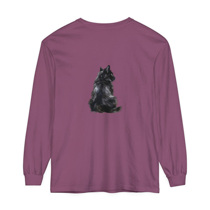 A black long sleeve t-shirt featuring a mysterious and stylish black cat design