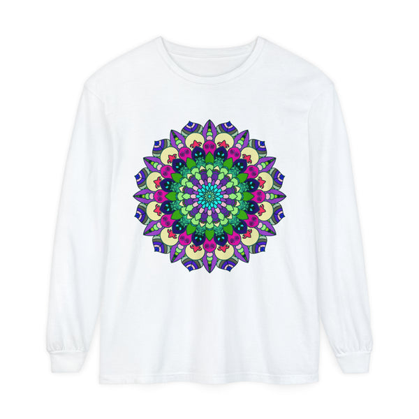 Colorful and intricate mandala design on a long sleeve unisex t-shirt