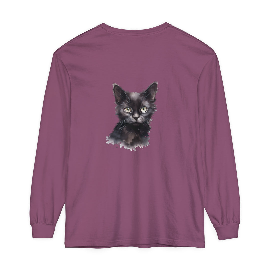 A close-up image of a black cat watercolor long sleeve t-shirt