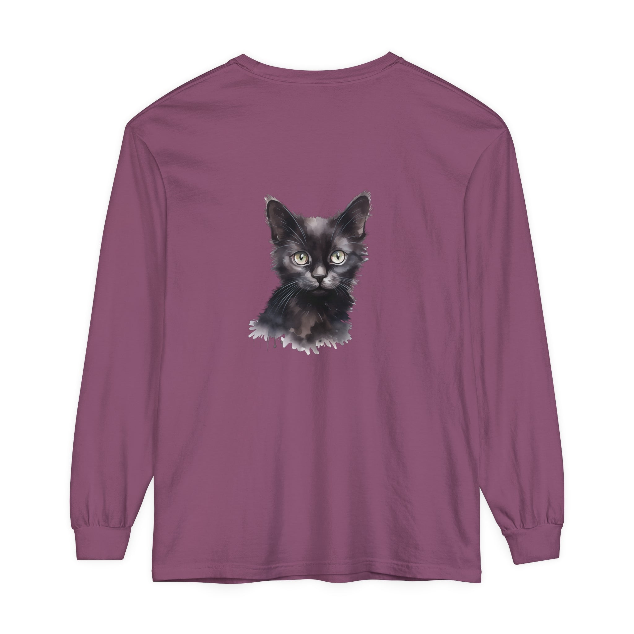 A close-up image of a black cat watercolor long sleeve t-shirt