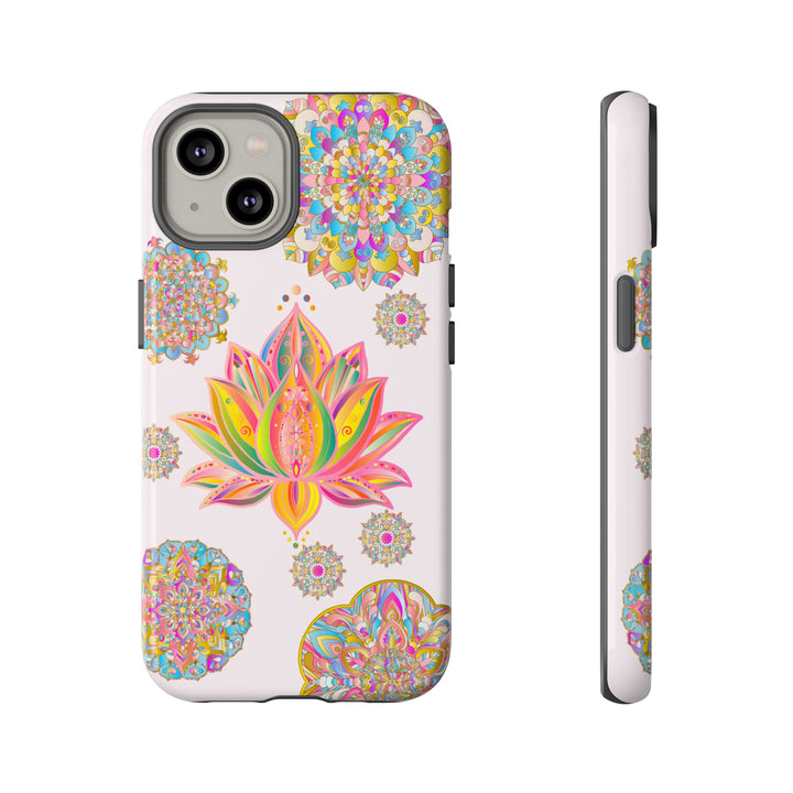 A close-up image of a light pink phone case with a mandala design and lotus flower pattern, perfect for adding a touch of elegance and style to your phone