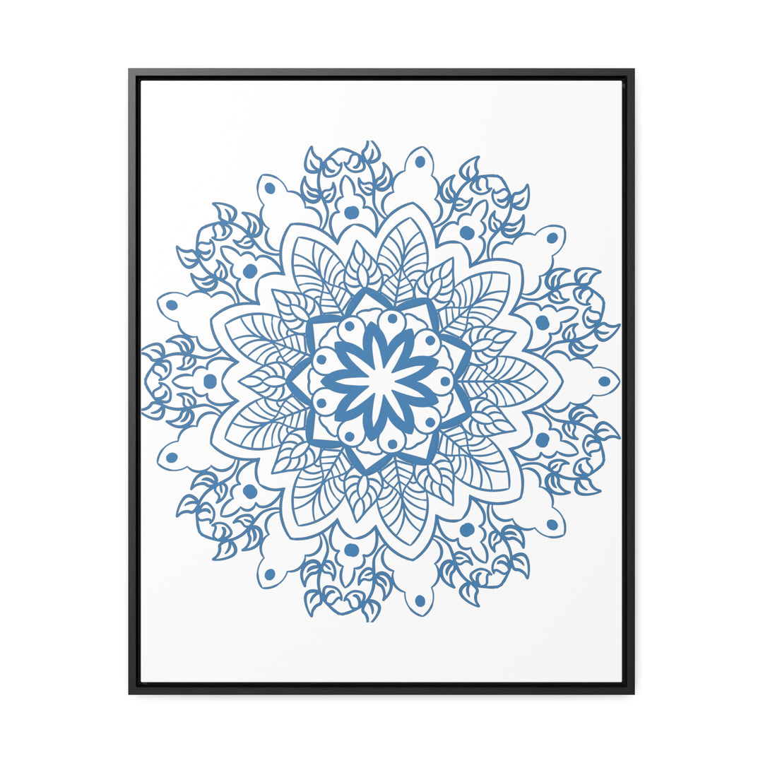 Handmade steel blue Mandala design wall art on gallery canvas wraps in vertical frame, perfect for adding a touch of intricate beauty to any space