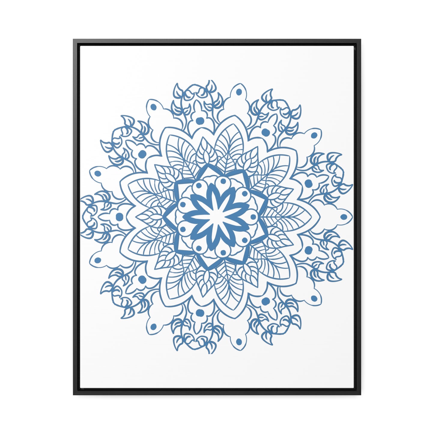 Handmade steel blue Mandala design wall art on gallery canvas wraps in vertical frame, perfect for adding a touch of intricate beauty to any space