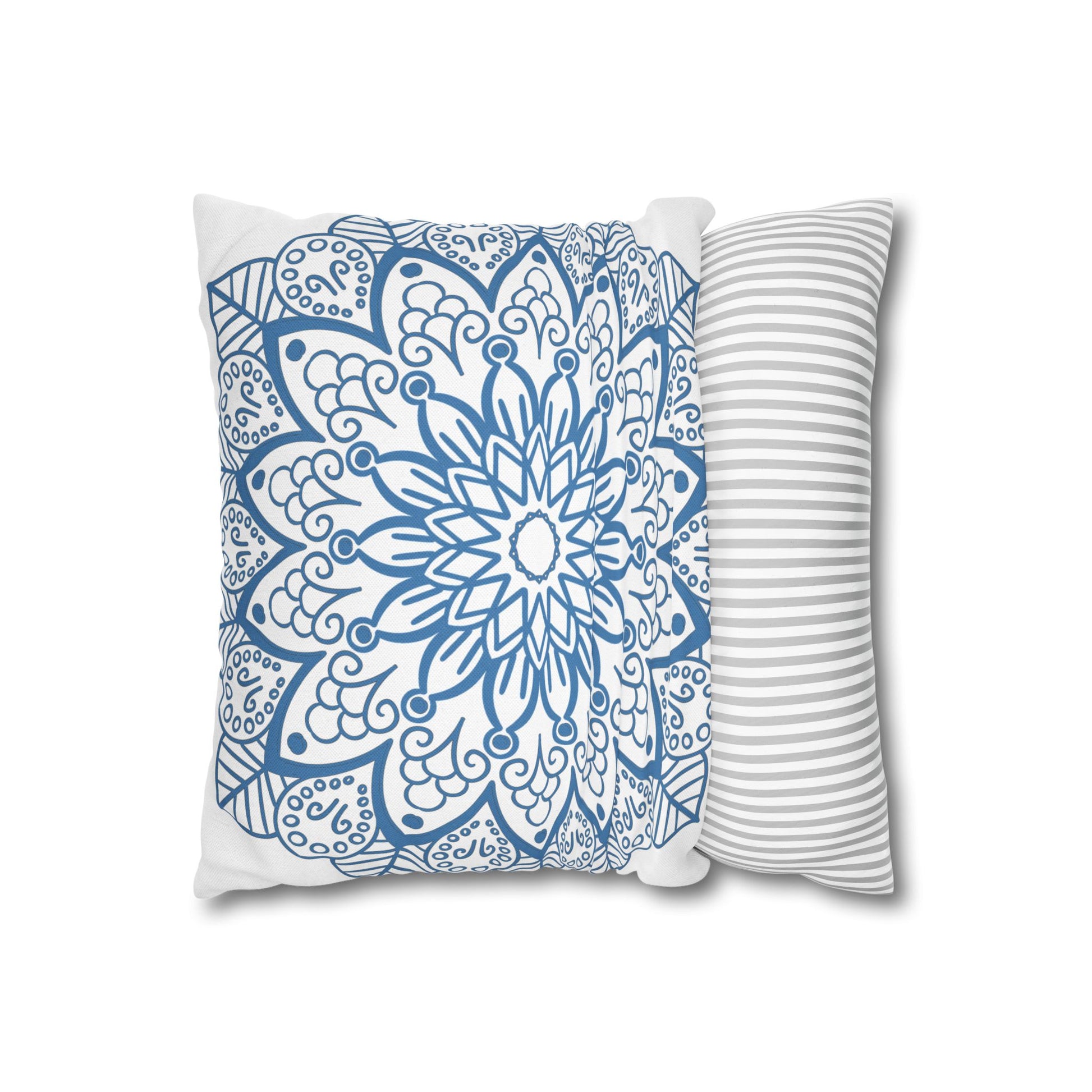 Spun Polyester Square Pillowcase Mandala Art in Steel Blue on White, Hand-drawn Fine Art Original Design for Home Decor