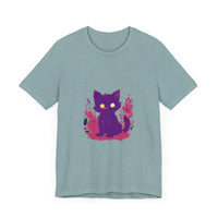 Vibrant purple t-shirt featuring a whimsical design of a mysterious cat