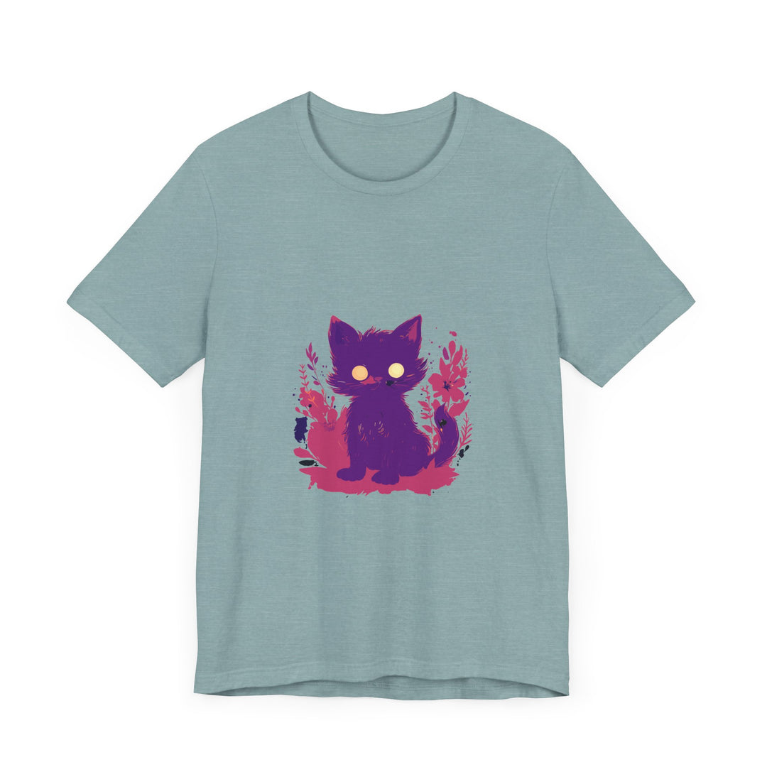 Vibrant purple t-shirt featuring a whimsical design of a mysterious cat