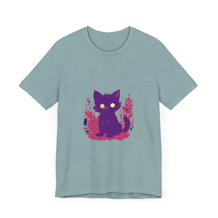 Vibrant purple t-shirt featuring a whimsical design of a mysterious cat