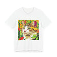 A colorful and vibrant t-shirt featuring a playful illustration of a Savana cat