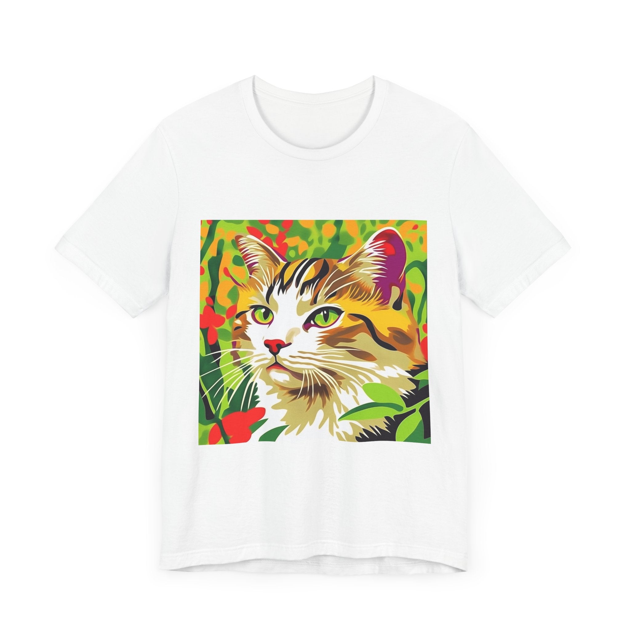 A colorful and vibrant t-shirt featuring a playful illustration of a Savana cat