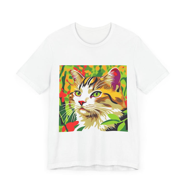 A colorful and vibrant t-shirt featuring a playful illustration of a Savana cat