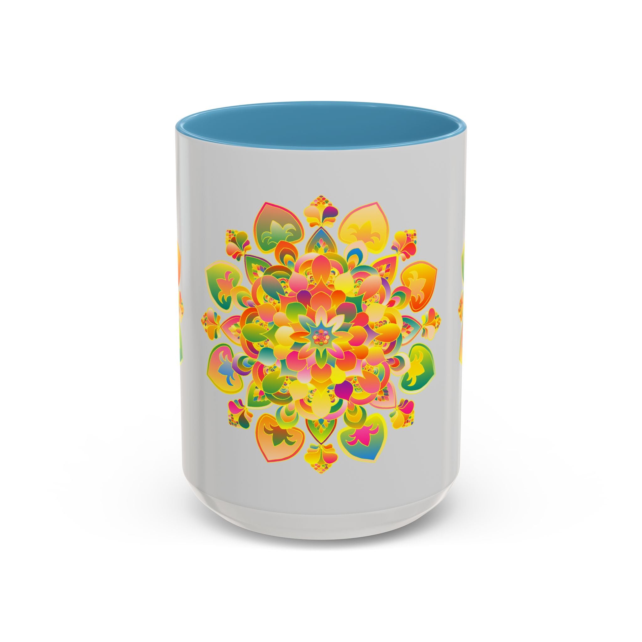 Colorful and vibrant mandala art mug with intricate floral patterns