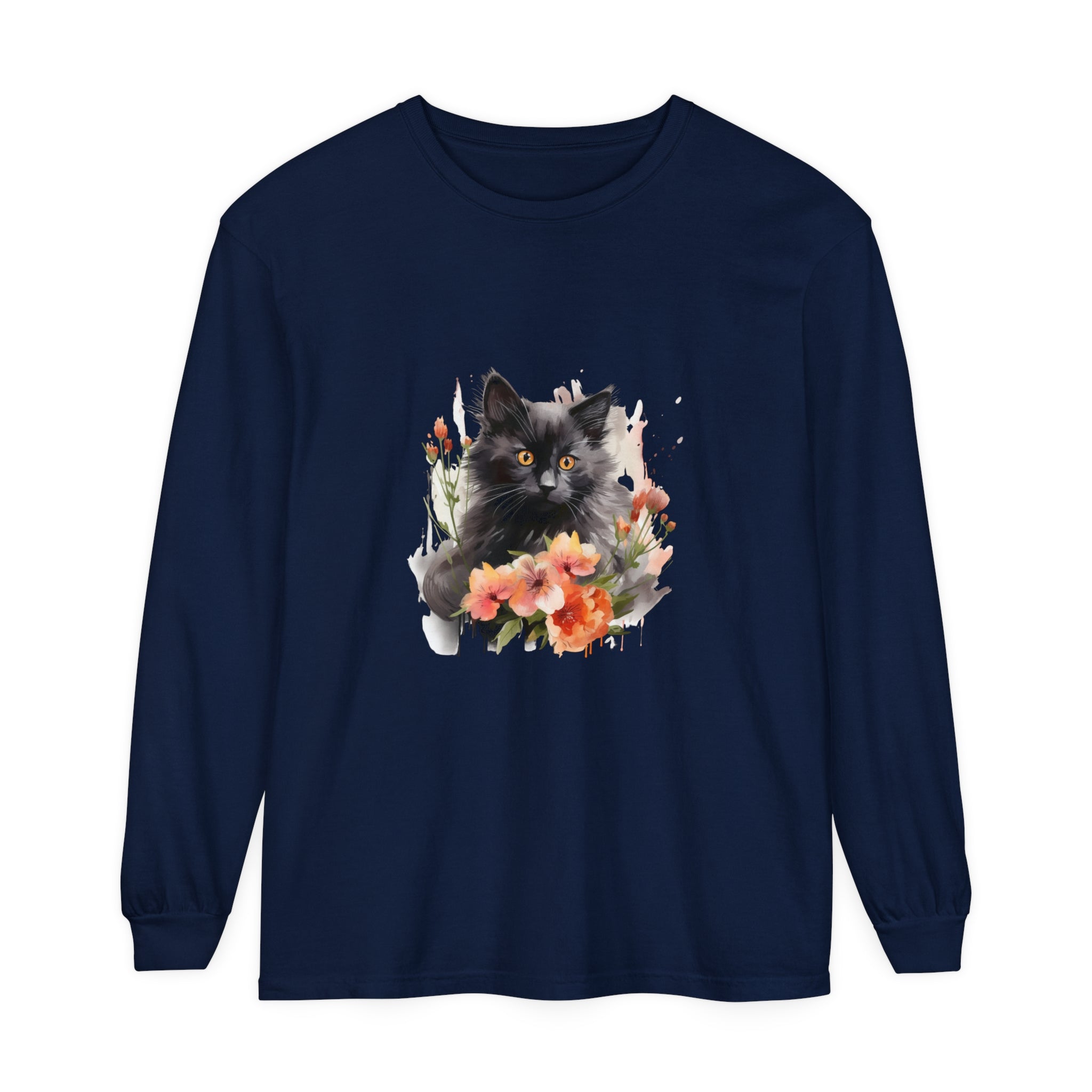 Black Cat & Flowers Watercolor T-Shirt with vibrant watercolor design and cute cat and floral print