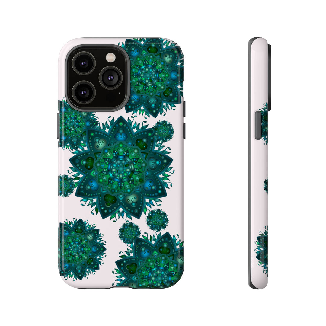 Beautiful light pink and green mandala phone case with a peaceful and intricate design