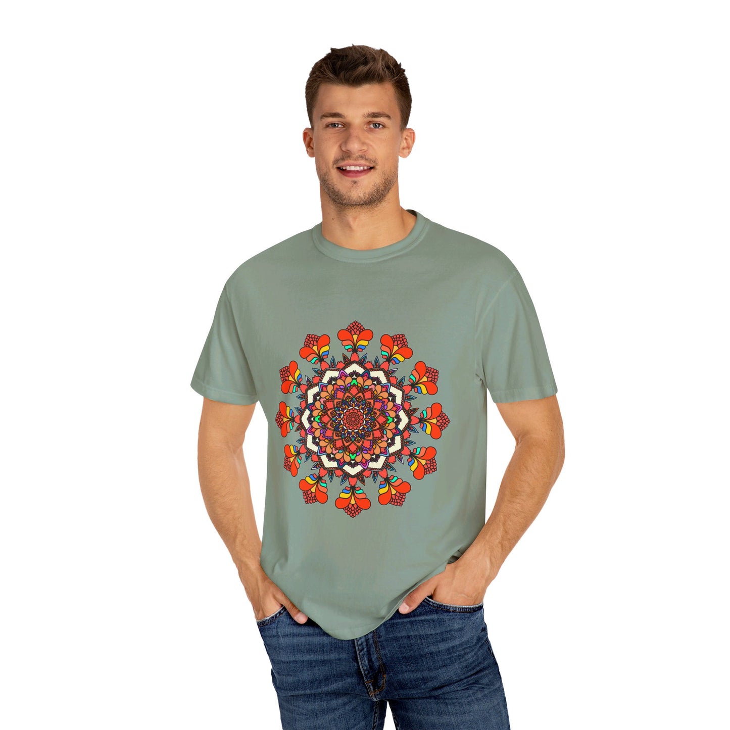 Unisex Mandala T-shirt featuring hand-drawn mandala art, made from 100% ring-spun cotton and garment-dyed for extra comfort