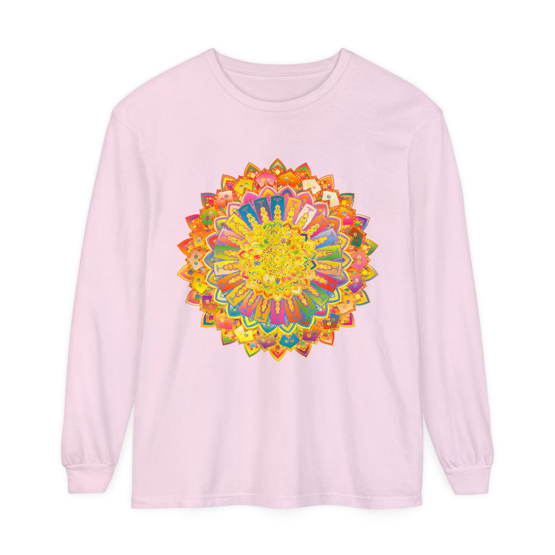 Intricate mandala design in vibrant colors on a unisex long sleeve t-shirt