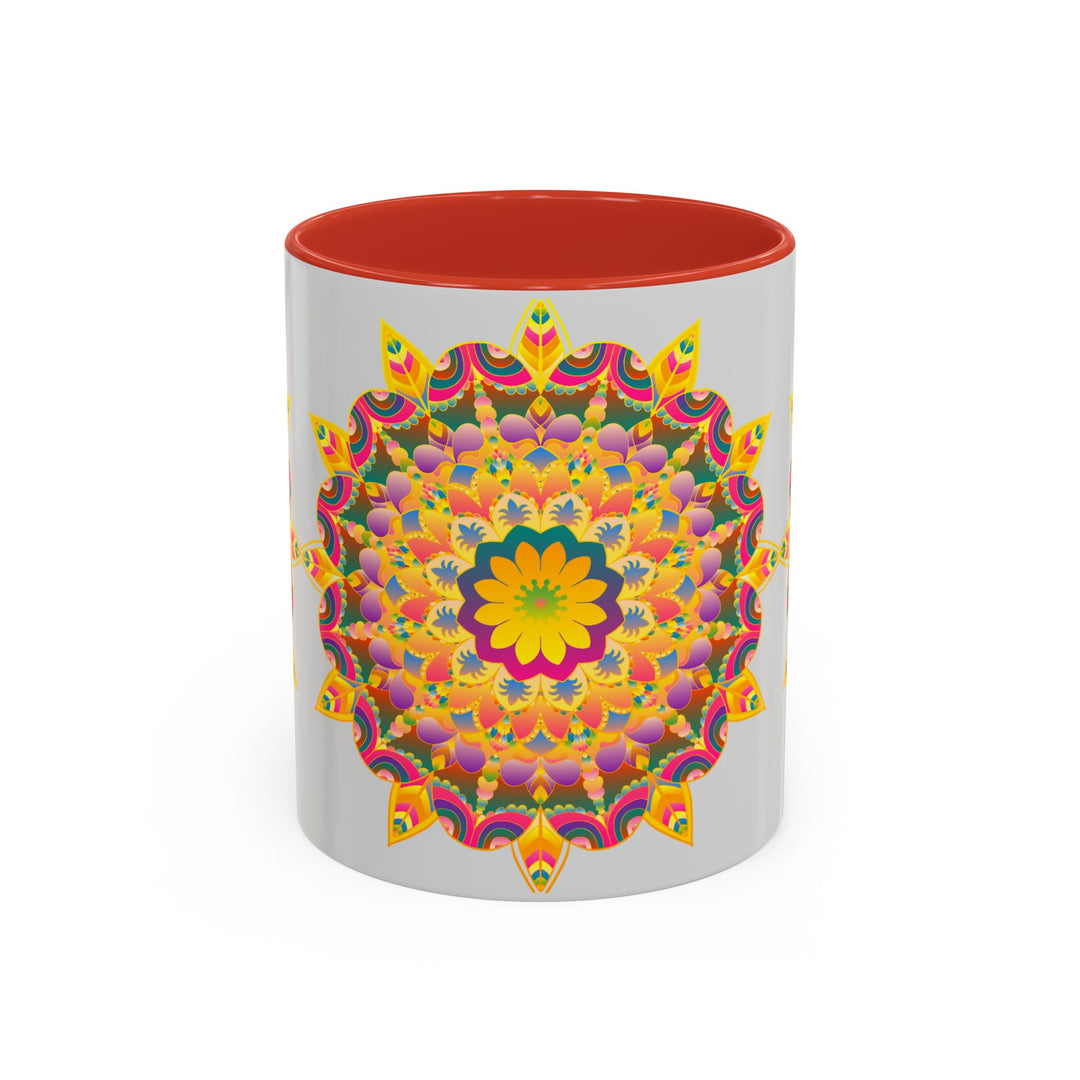 Colorful ceramic mug featuring a mandala design with vibrant floral patterns