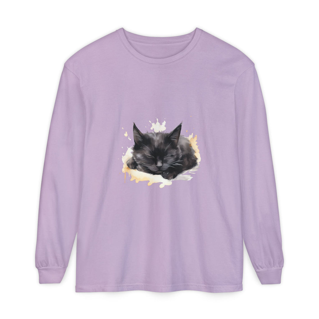Langarm-T-Shirt mit Aquarellmotiv „Schlafende Katze“