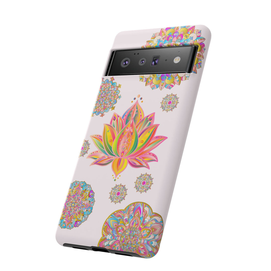 A beautiful light pink phone case featuring a mandala design with a lotus flower